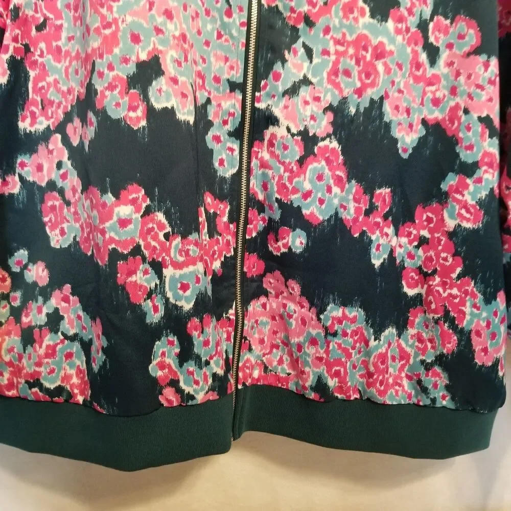 J Jason Wu XL Bomber Jacket Teal Pink Floral Print Satin Preppy Feminine Boho